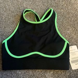Fabletics high neck sports bra neon green crisscross back high impact in black